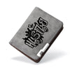 A dark gray PU leather wallet with a black cartoon print on the cover.