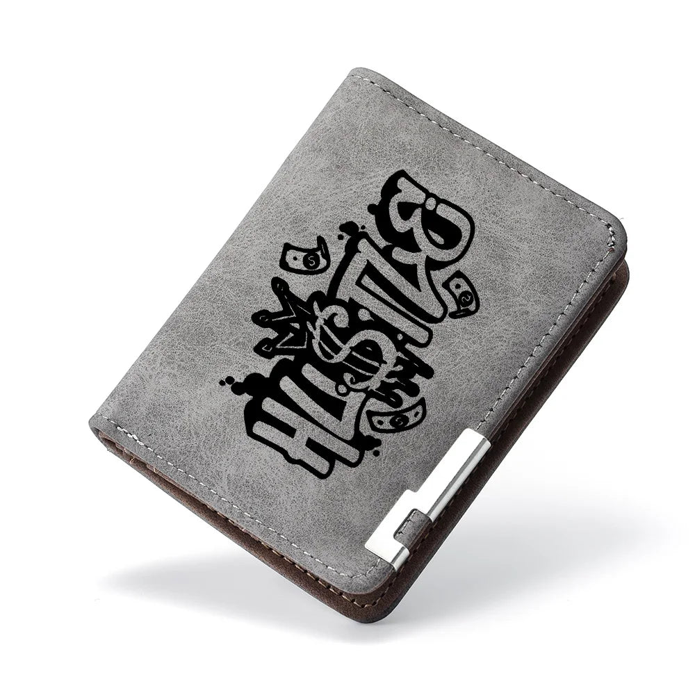 A dark gray PU leather wallet with a black cartoon print on the cover.