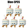 Five blue plush bread keychains with striped straws hanging from a loop.