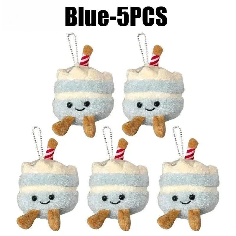 Five blue plush bread keychains with striped straws hanging from a loop.