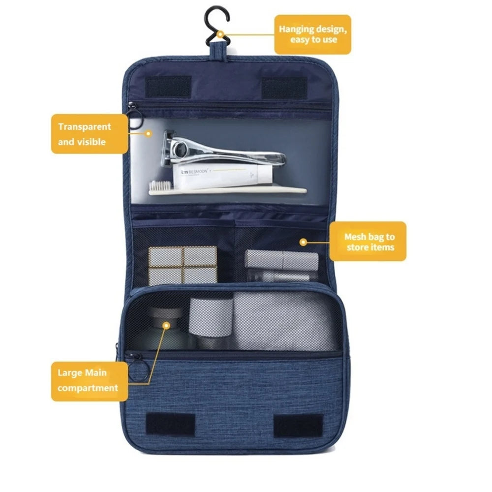 A dark blue portable waterproof toiletry washbag with a hanging design, showing compartments for toiletries and a mesh storag