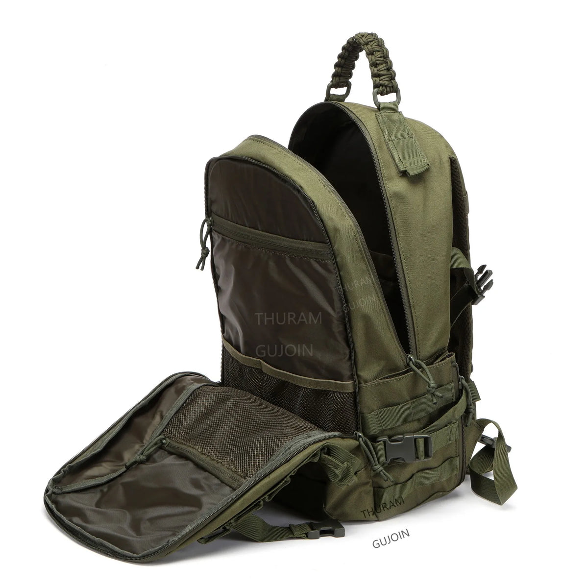 A dark olive green tactical waterproof backpack with a separate rain cover is shown.