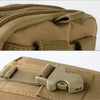 Close-up of a tan tactical MOLLE waist pouch with a secure phone pocket detail.