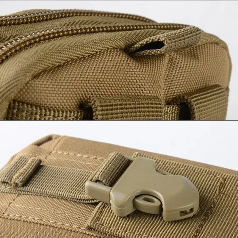 Close-up of a tan tactical MOLLE waist pouch with a secure phone pocket detail.