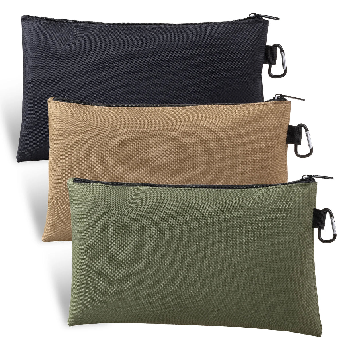 Three rectangular organizer tool kit bags in black, tan, and olive green fabric displayed side by side.