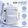 A white travel compression backpack shown with size measurements and features like a 11-inch pad, camera sleeve, and headphon