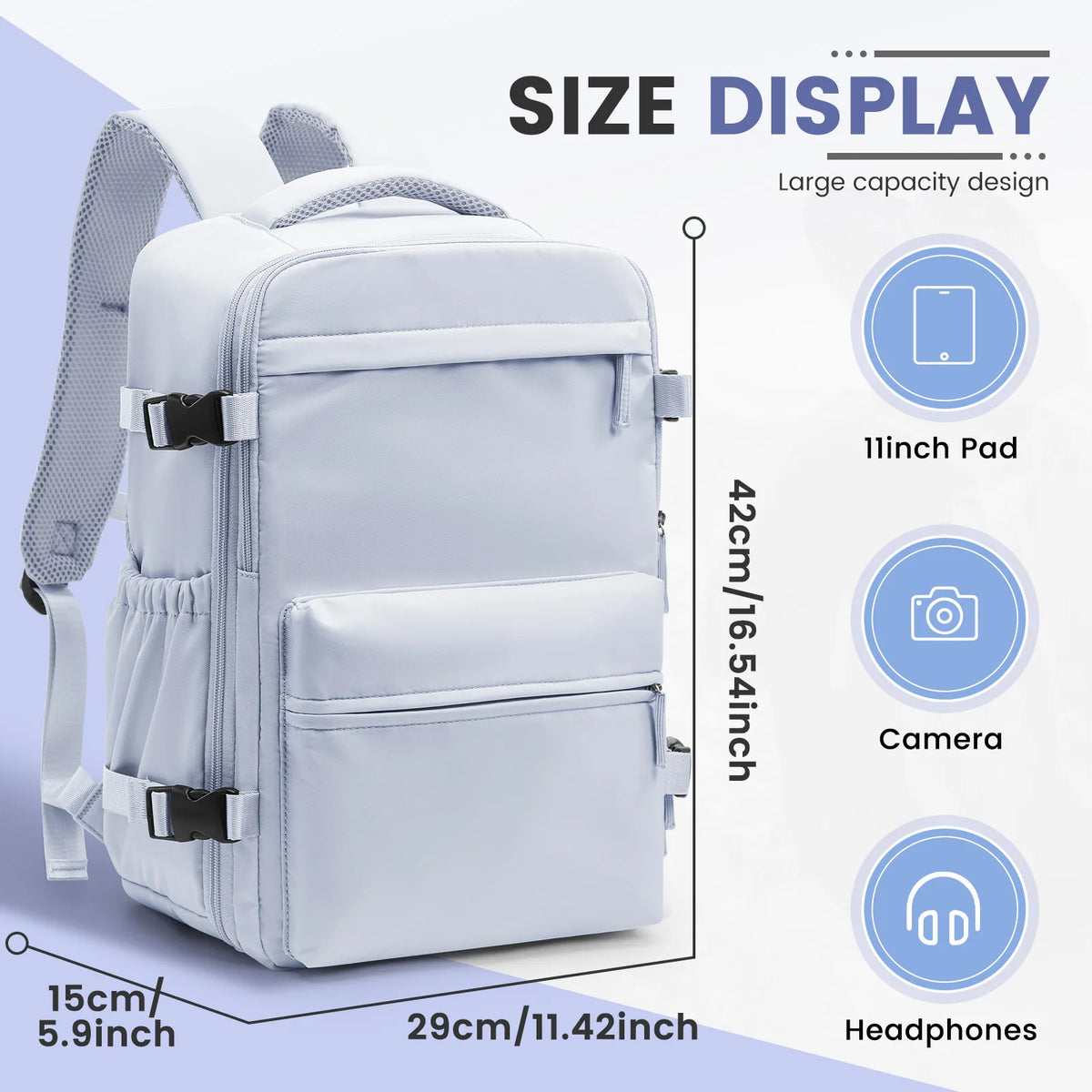 A white travel compression backpack shown with size measurements and features like a 11-inch pad, camera sleeve, and headphon