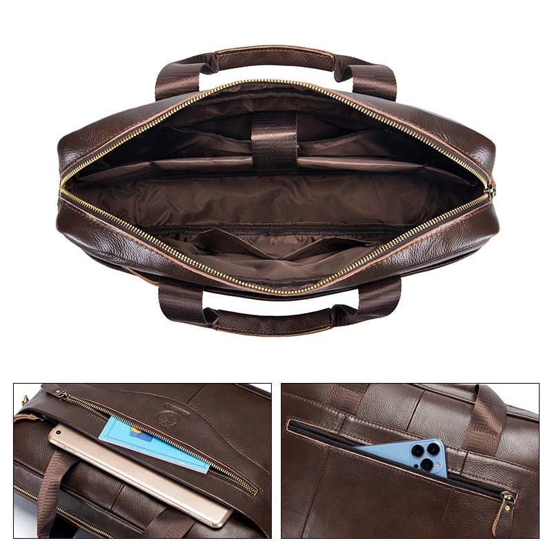A brown full-grain leather executive laptop briefcase shown open, displaying a padded interior and a slot for a smartphone.