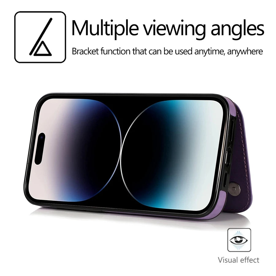 A purple wallet flip case for an iPhone showing a multiple viewing angle visual effect.