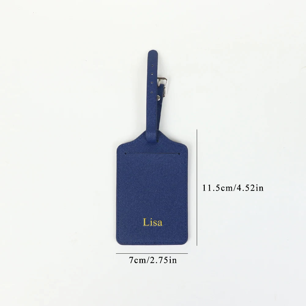 A dark blue PU leather luggage tag with the name Lisa engraved on it, featuring a silver clip.