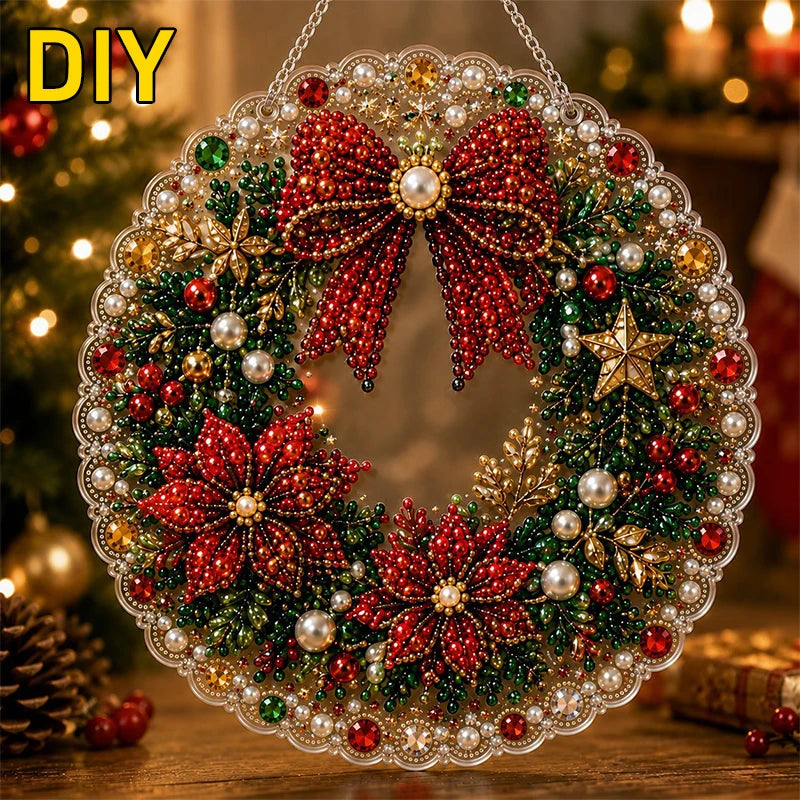 A decorative Christmas wreath made of red and green glitter, beads, and lace, with a pearl diamond painting kit visible.
