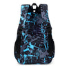 A stylish sports laptop backpack featuring a dark blue and black abstract splatter pattern.