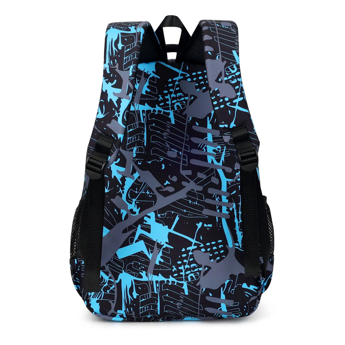 A stylish sports laptop backpack featuring a dark blue and black abstract splatter pattern.