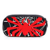 A black pencil case featuring a red spider design on a white background.