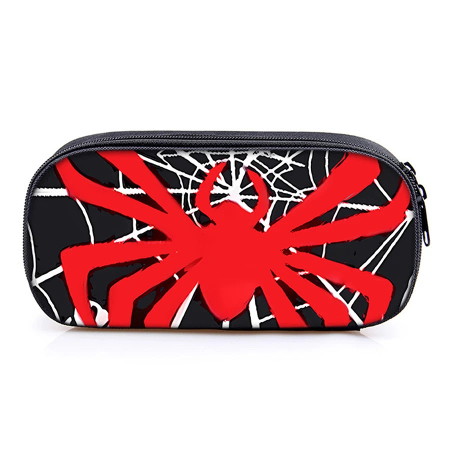 A black pencil case featuring a red spider design on a white background.