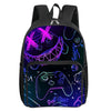 A black backpack featuring a vibrant neon purple and cyan cartoon design of a video game controller.