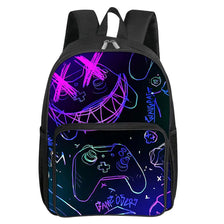 A black backpack featuring a vibrant neon purple and cyan cartoon design of a video game controller.