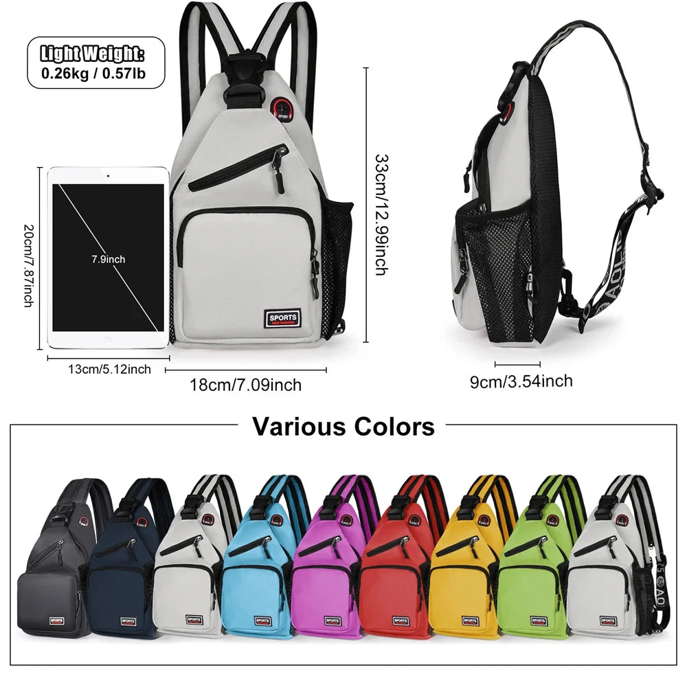 A variety of multi-use adjustable chest and shoulder bags in different colors displayed together.