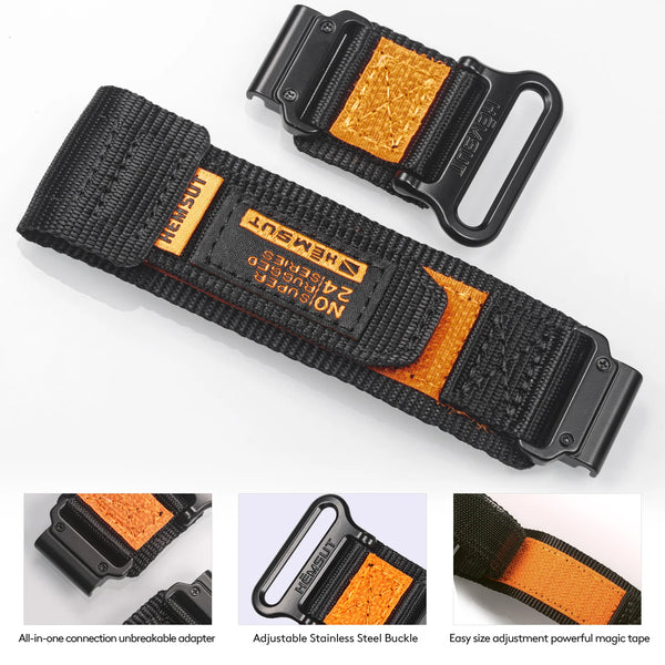 A black nylon sport strap with an orange accent and a gold buckle for Garmin watches.