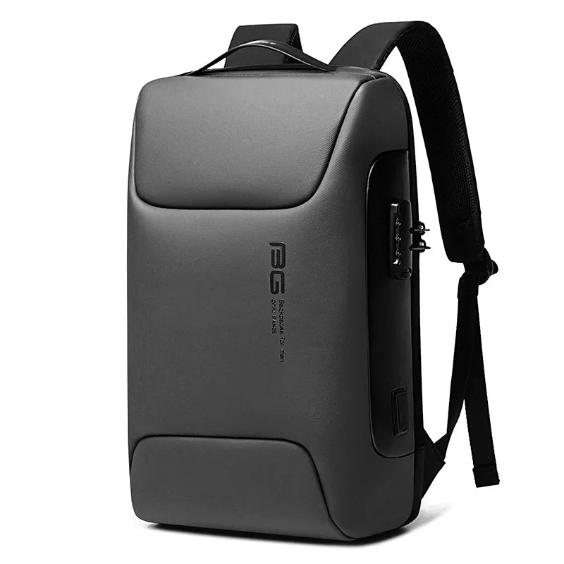 A dark gray laptop backpack with a black strap and a USB charging port.