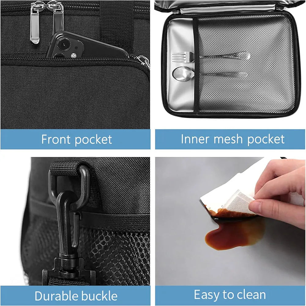 Close-up view of an insulated lunch bag showing a front pocket, inner mesh pocket, durable buckle, and ease of cleaning.