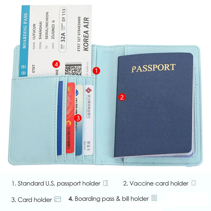 A light blue passport organizer featuring slots for a passport, vaccine card, and boarding pass.