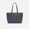 A dark gray geometric patterned tote bag with a long handle.