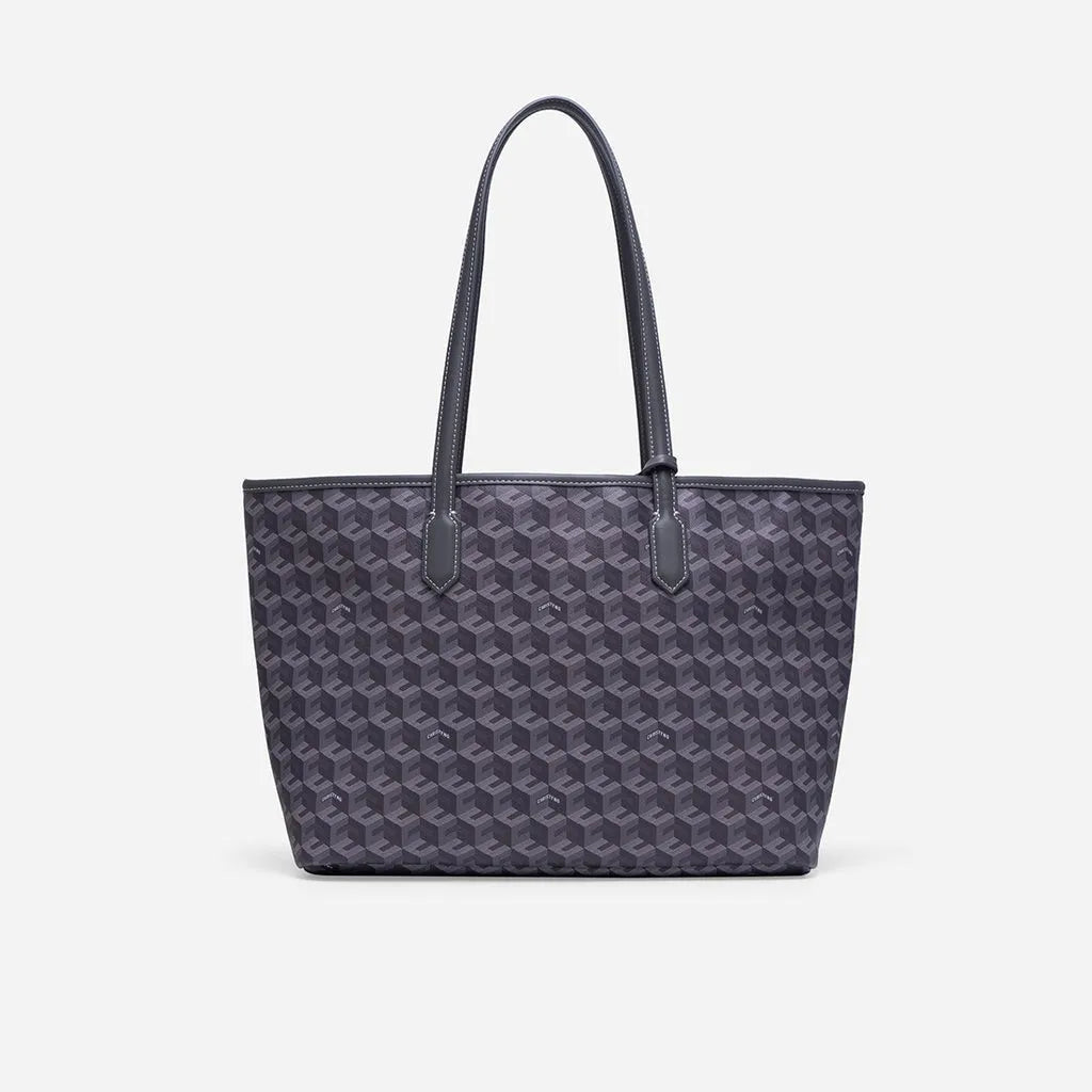 A dark gray geometric patterned tote bag with a long handle.