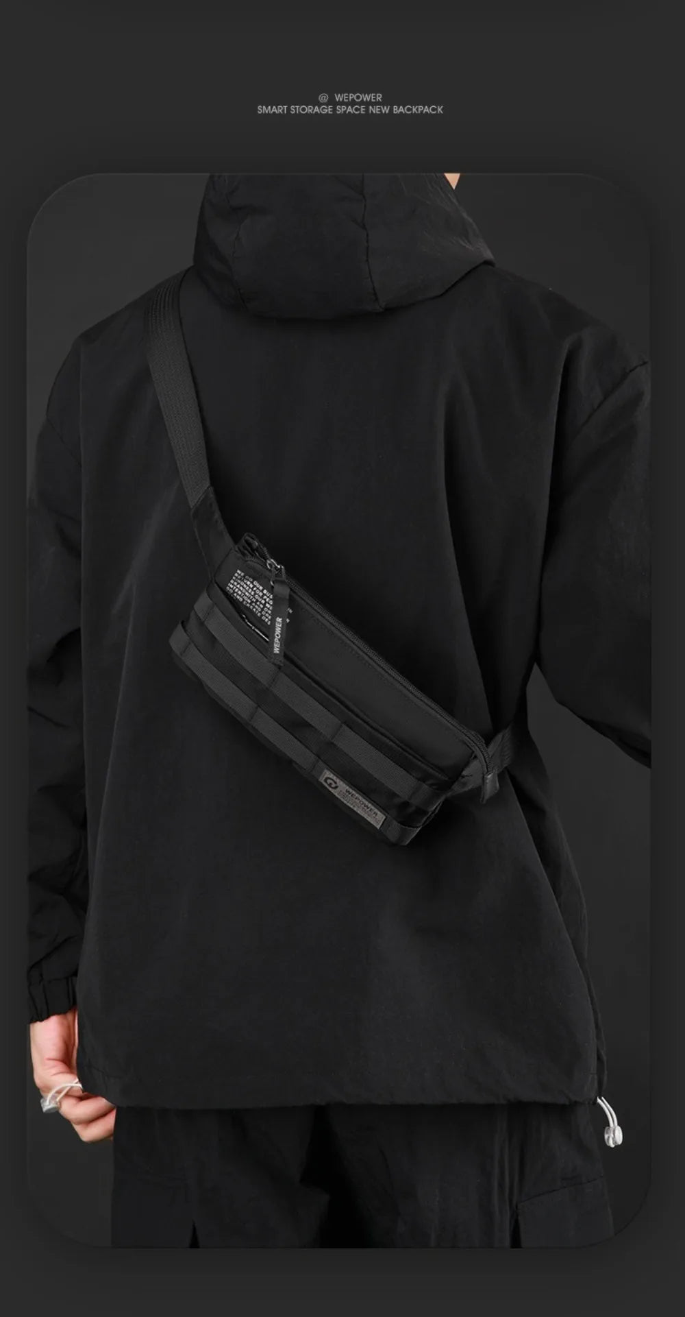 A black vintage style multifunctional chest bag worn on a person's torso.