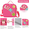 Pink insulated lunch bag with glitter chenille letters and adjustable strap