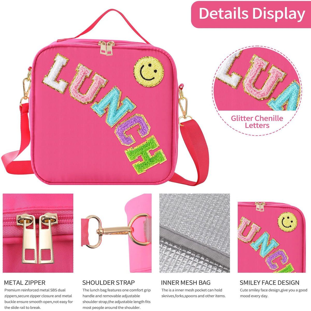 Pink insulated lunch bag with glitter chenille letters and adjustable strap
