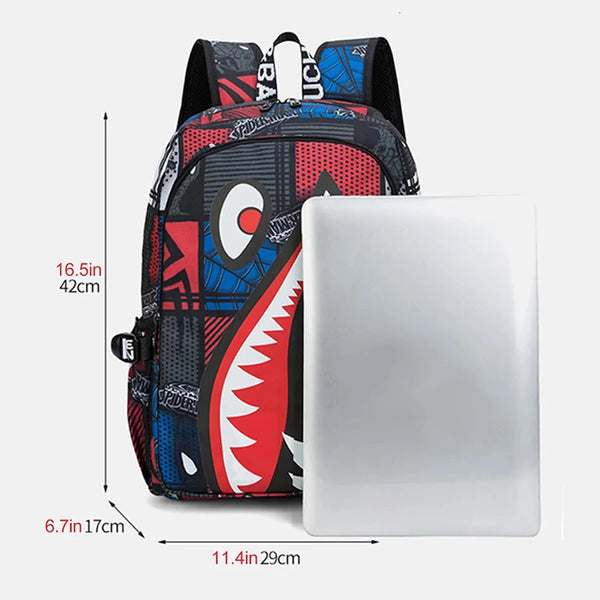 A white laptop is shown next to a black and red patterned anti-theft casual travel backpack.
