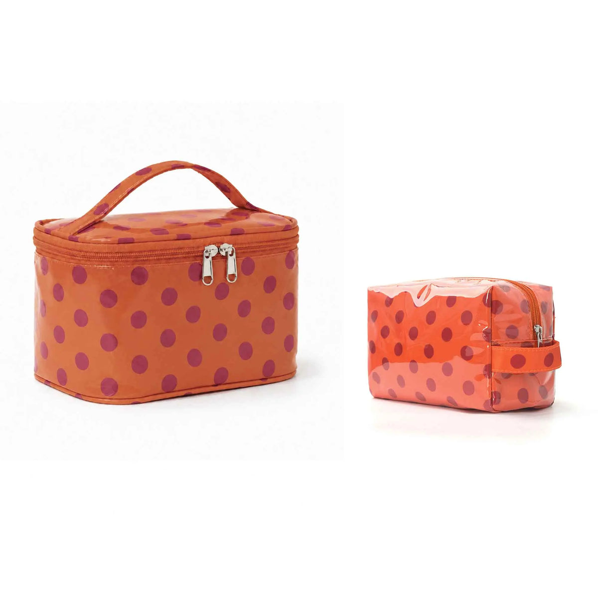 Bolsa de almacenamiento cosmético naranja con un patrón de pequeños puntos rosas.