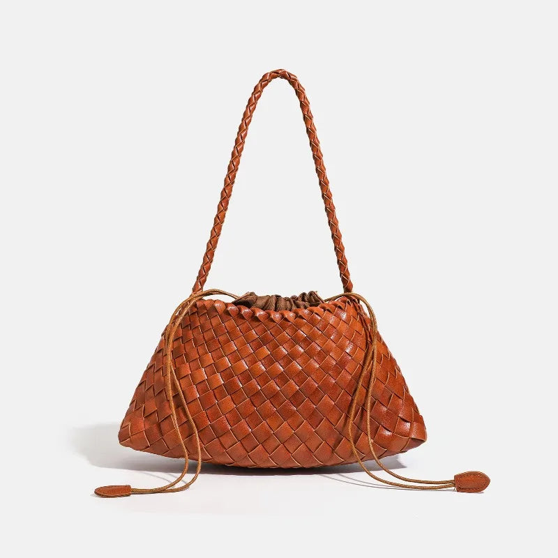 A brown handwoven PU shoulder bag with a woven texture is displayed against a white background.