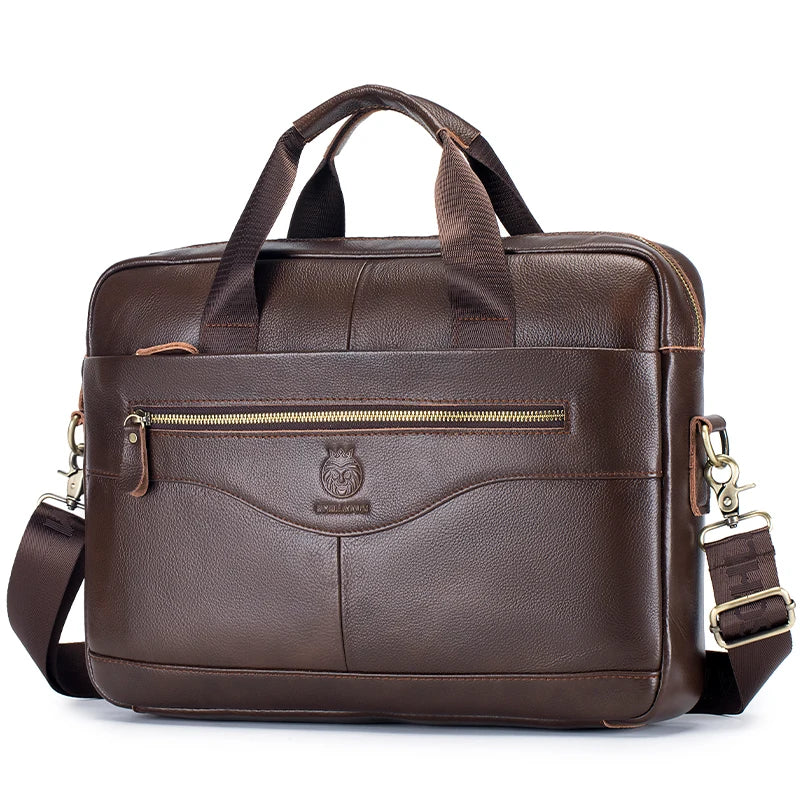 A dark brown full-grain leather executive laptop briefcase with brass hardware and padded straps.