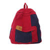 A red and navy canvas fashion backpack with multiple compartments.