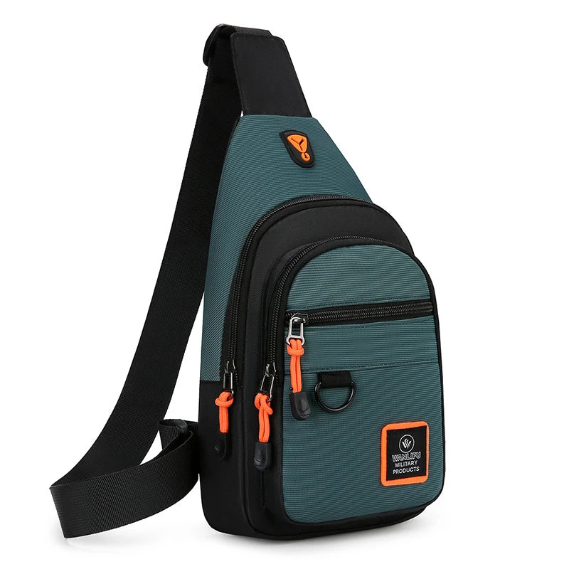 A dark green nylon chest bag with black strap and orange accents, shown from the side.