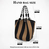 A black and tan striped tote bag displayed with dimension measurements.