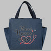 Bolsa de almuerzo de lona azul marino con un diseño de escritura de las mejores enfermeras con un corazón y estetoscopio.