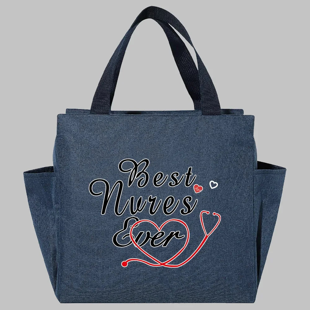 Bolsa de almuerzo de lona azul marino con un diseño de escritura de las mejores enfermeras con un corazón y estetoscopio.
