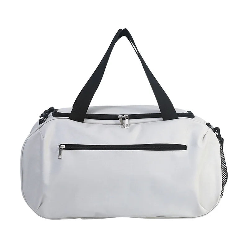 A white waterproof sports duffel bag with black straps and a zippered compartment.