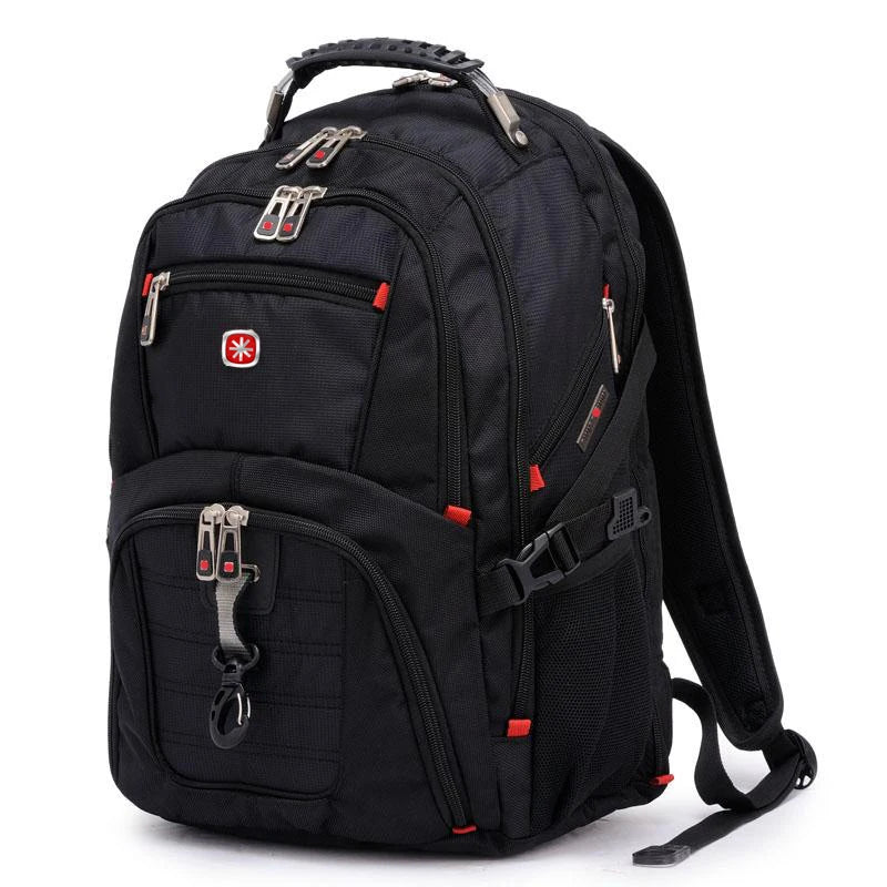 Mochila de viaje grande para hombre suiza negra con múltiples compartimentos y correas