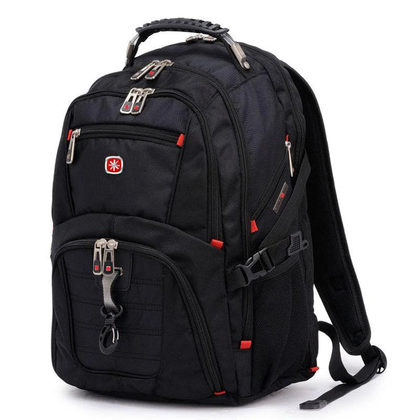 Black Swiss Men's large capacity travel backpack with multiple compartments and straps
