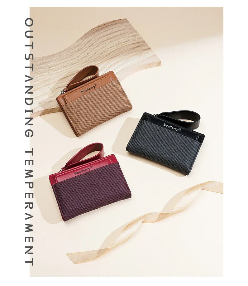 A collection of brown, black, and burgundy women's zip-around wallets displayed on a light background.