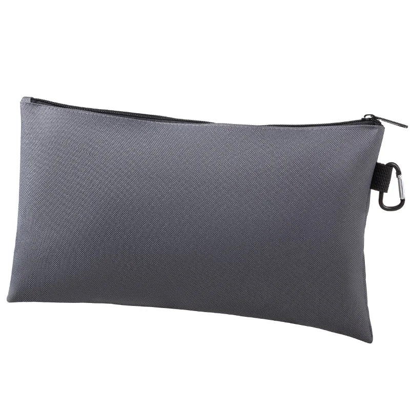 A gray multi-functional organizer tool kit bag with a zipper and carrying strap.