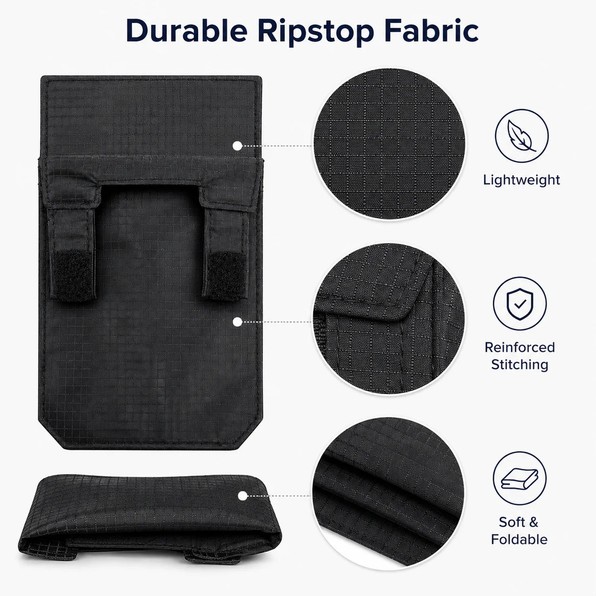 Black ripstop fabric belt wallet featuring hook and loop closure, lightweight, reinforced stitching, and soft foldable design