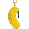 A yellow fruit-shaped PU leather coin purse keychain with a gold-tone clasp and green tassel.