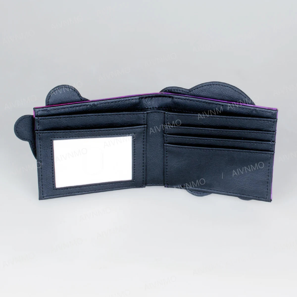 Porta tarjetas de dos pliegues (bi-fold) azul oscuro con ranura rectangular blanca.
