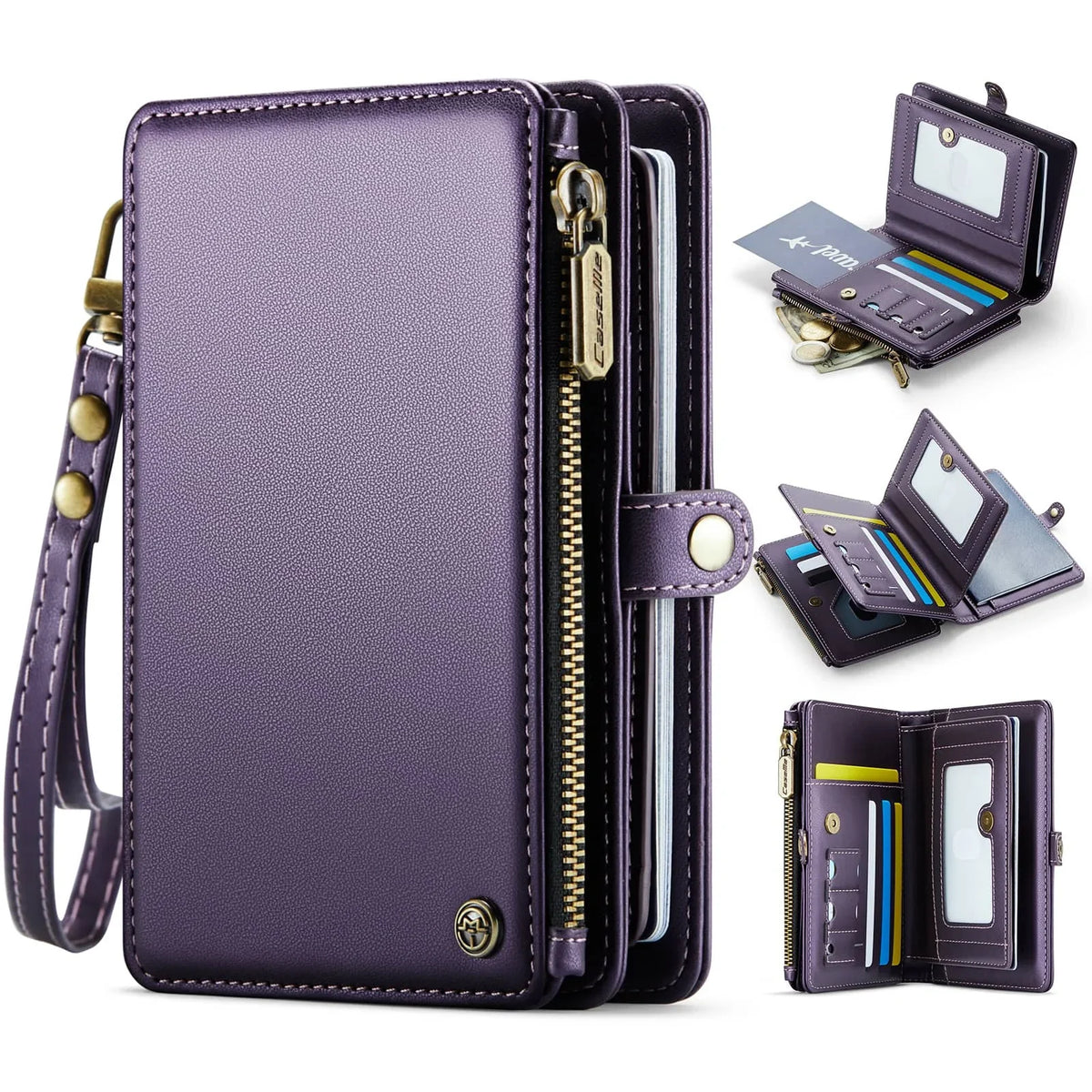 Cartera de cuero morado para pasaporte con correa y múltiples ranuras para tarjetas, mostrada junto a varias versiones abiert