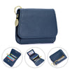 A dark blue genuine leather RFID blocking women's wallet shown in various views.